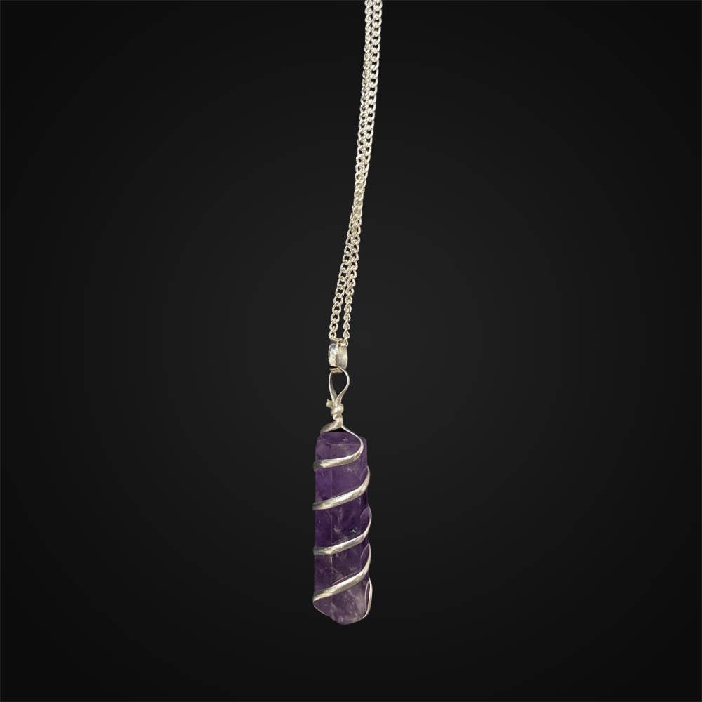 Wire Wrapped Pencil Pendant, Silver Chain: Amethyst
