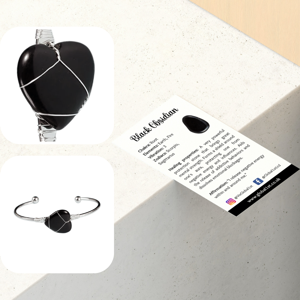 Black Obsidian Heart-Shaped Crystal Bangle