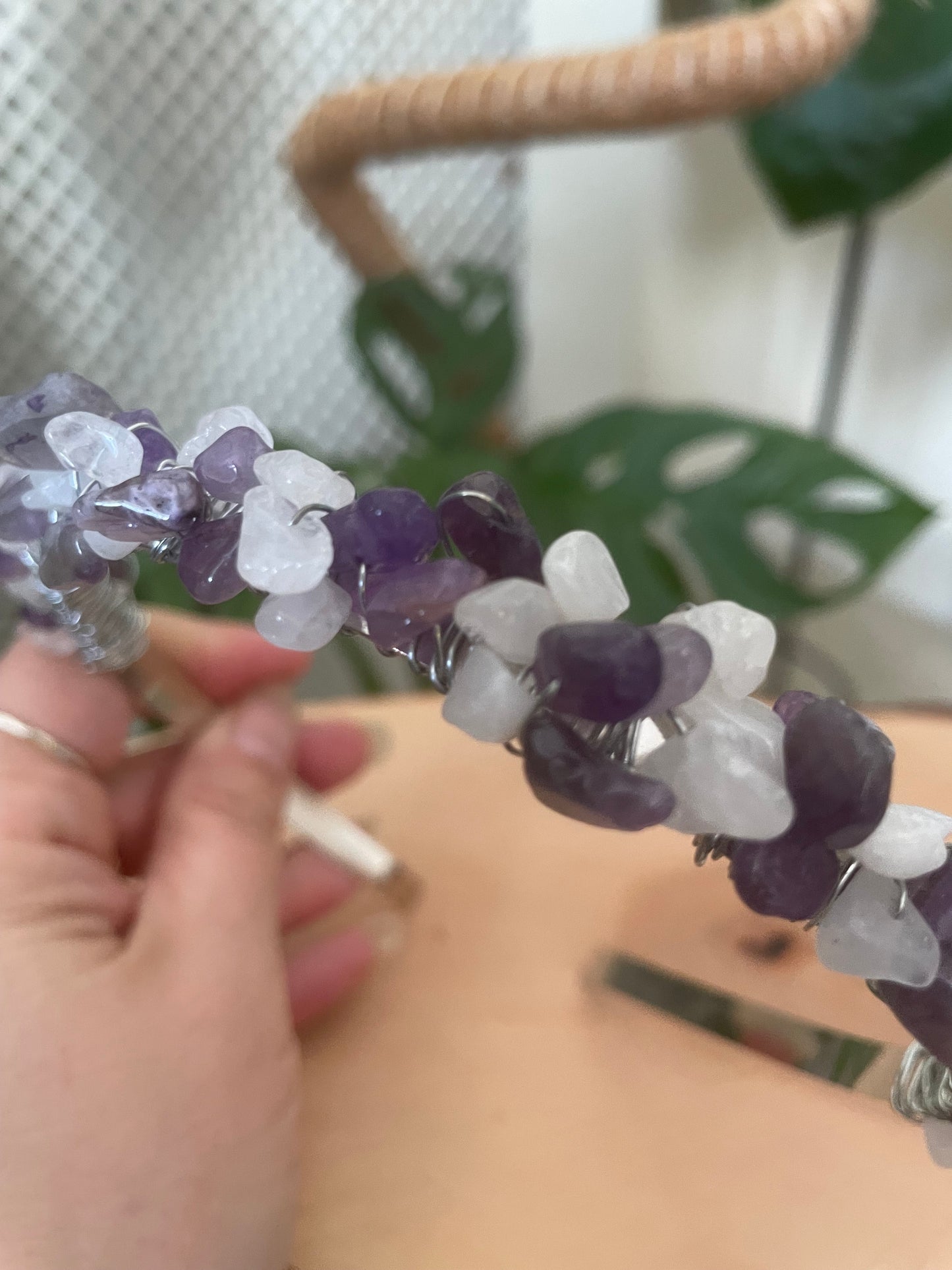 Amethyst and quartz chip headband