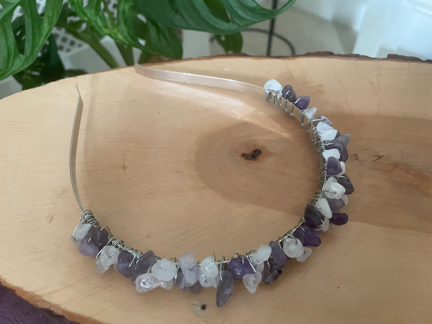 Amethyst and quartz chip headband