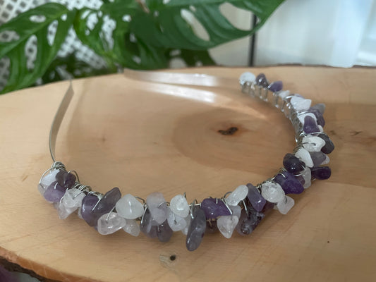 Amethyst and quartz chip headband
