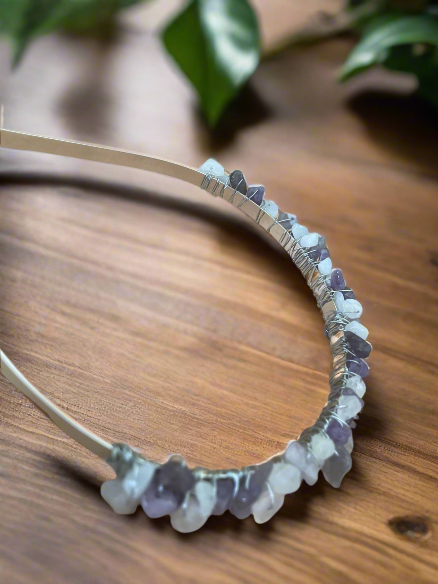 Amethyst and quartz chip headband
