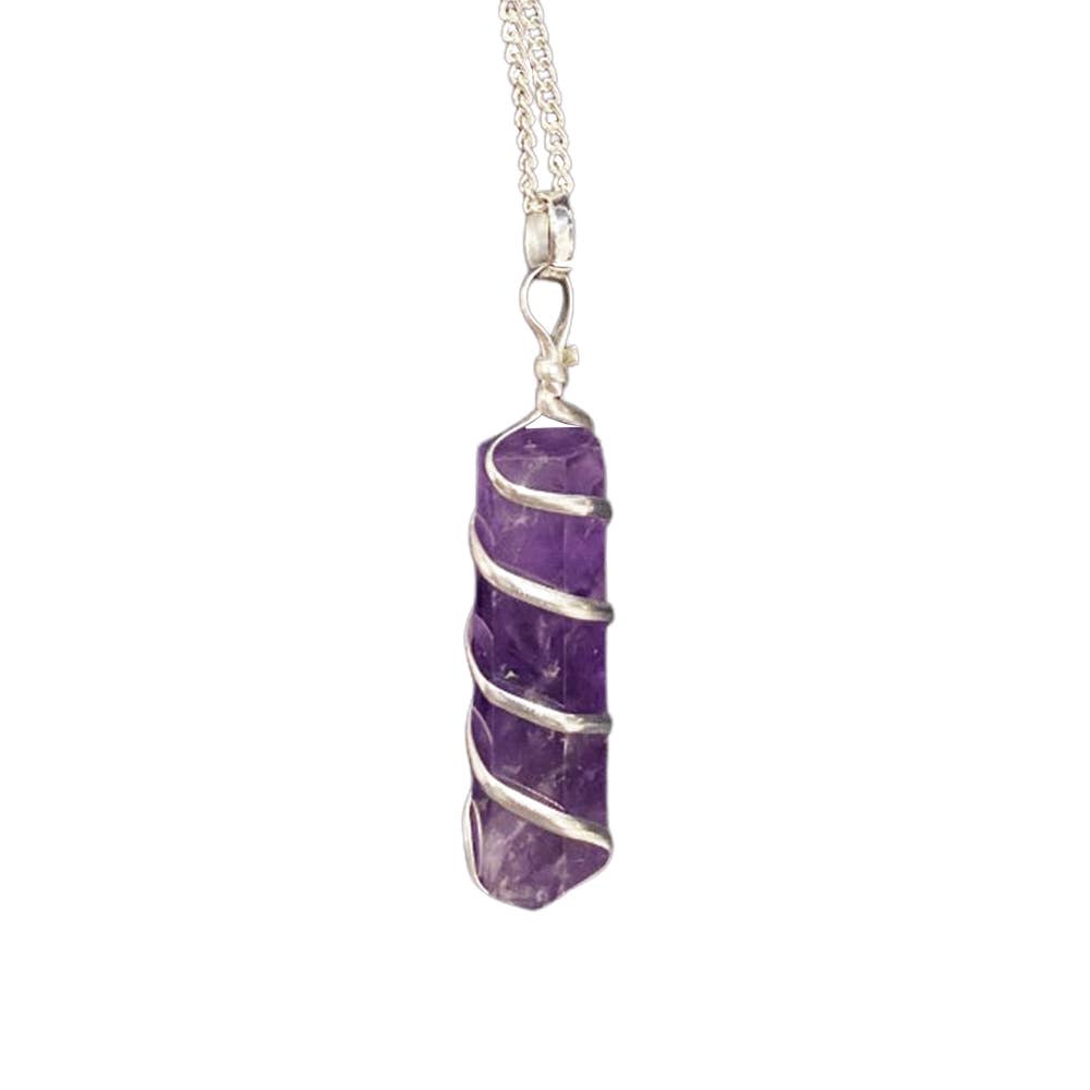 Wire Wrapped Pencil Pendant, Silver Chain: Amethyst