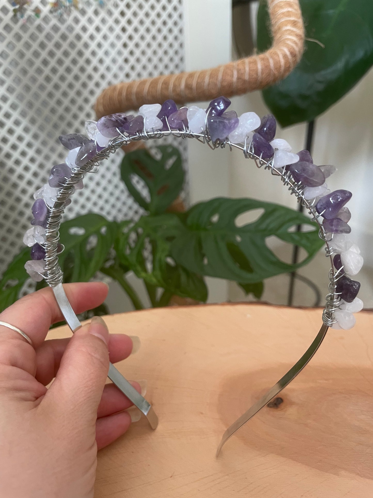 Amethyst and quartz chip headband