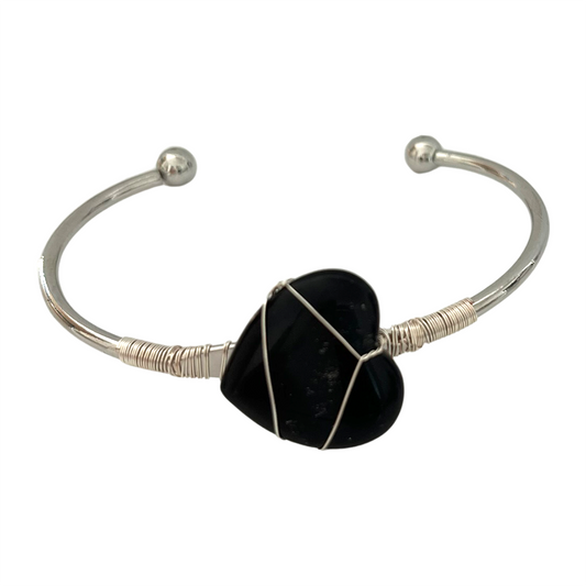 Black Obsidian Heart-Shaped Crystal Bangle
