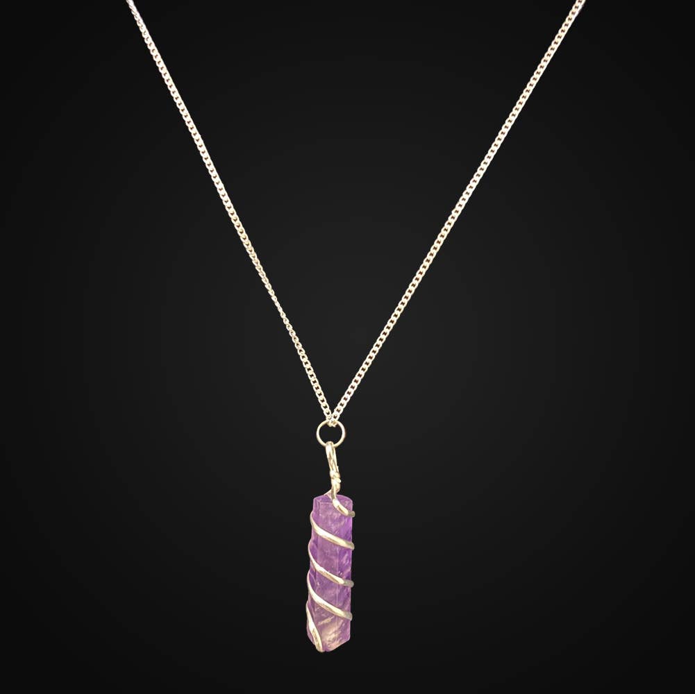 Wire Wrapped Pencil Pendant, Silver Chain: Amethyst